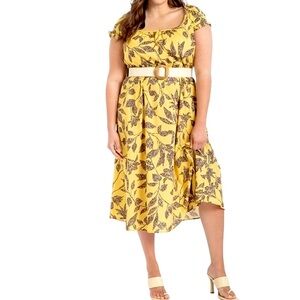 ELOQUII Pleated Puff Cap Sleeve Midi Dress Yellow Women's Size 18 NWT